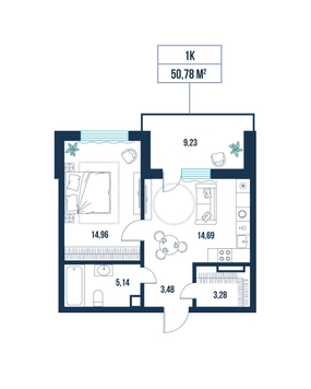 1-комнатная, 50.8 м²